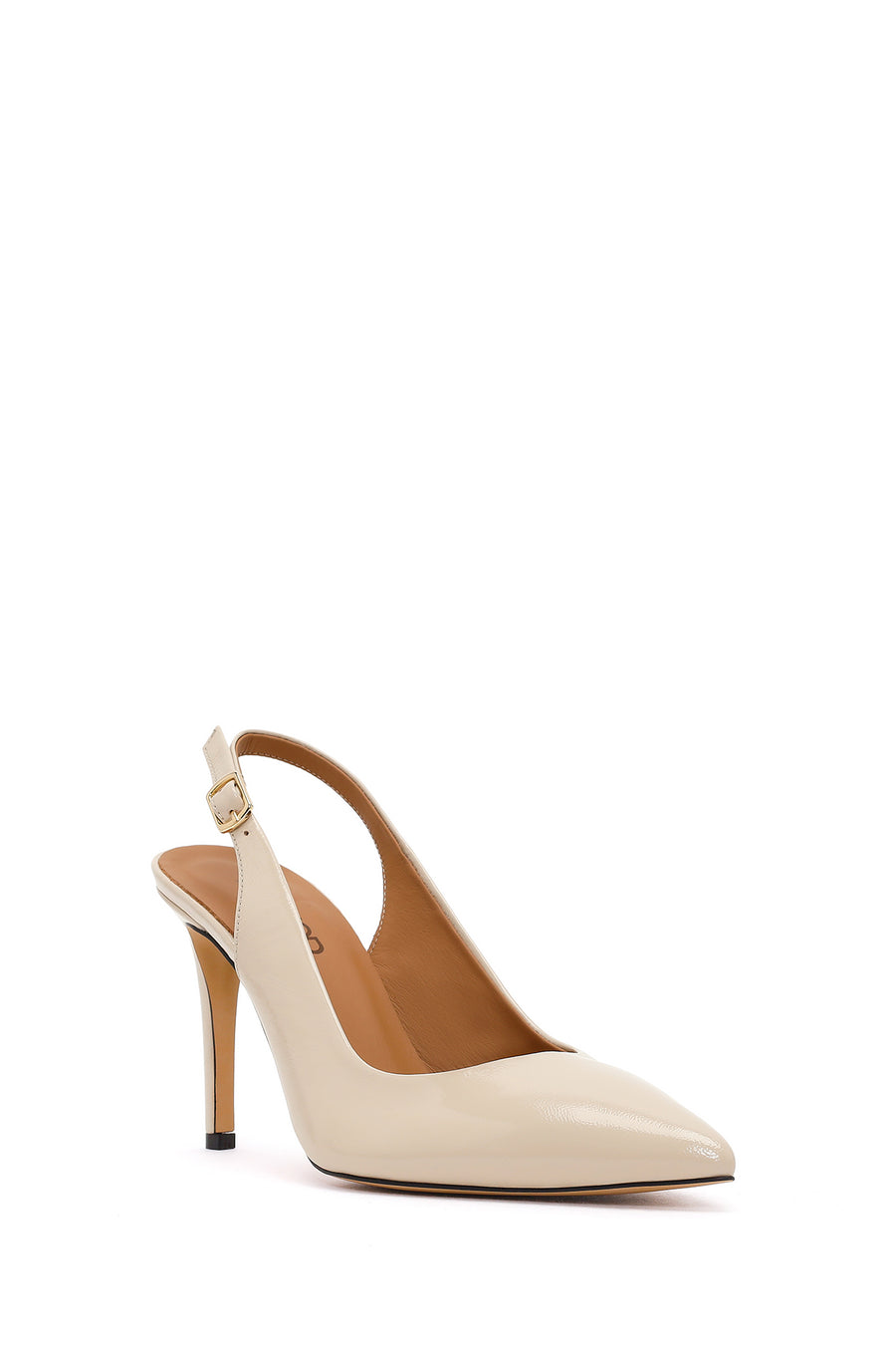 Women's Cream-Colored, Open-Back, Thin-Heeled Patent Leather Shoes with Ankle Buckle