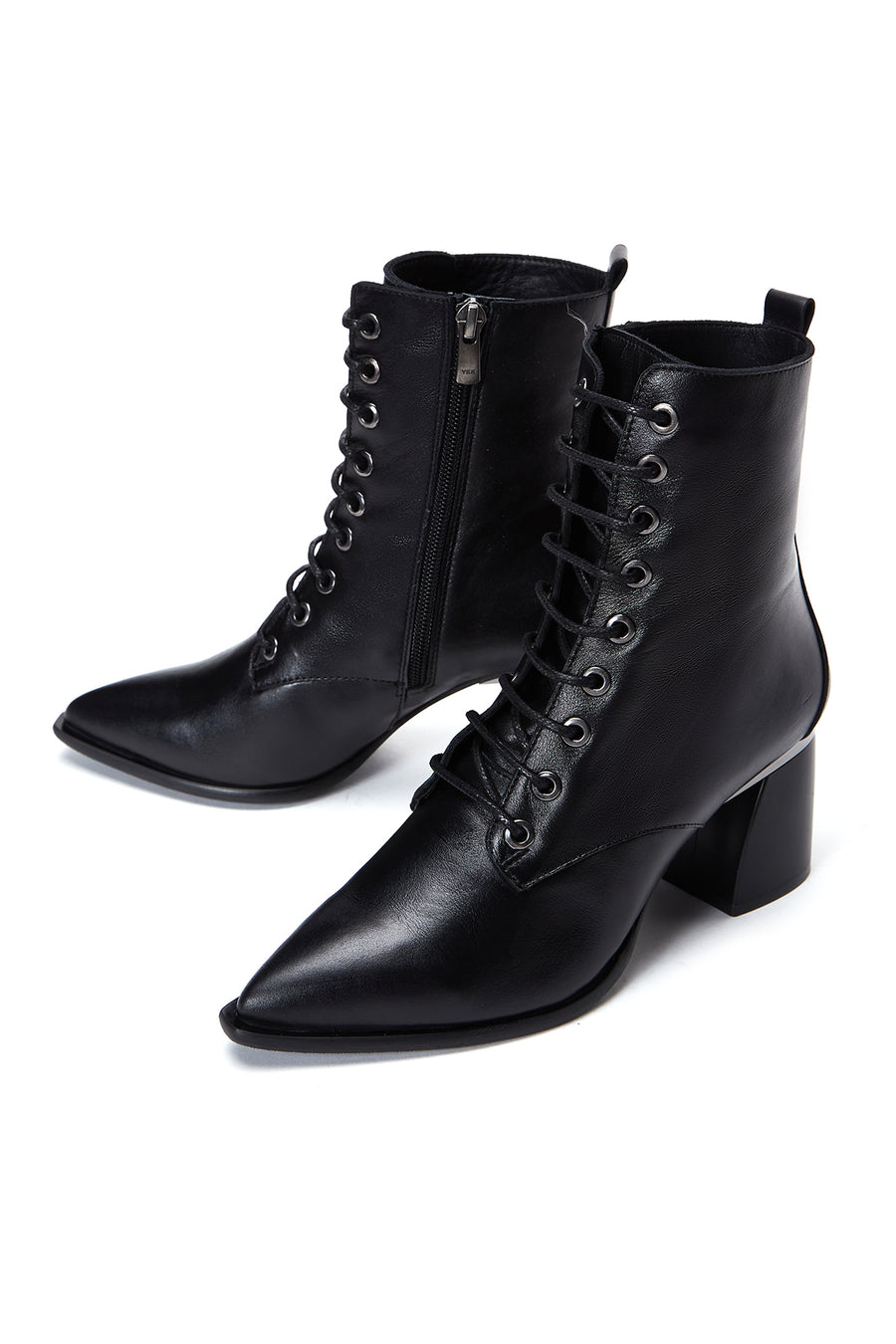 Women's Black Zippered Thick Heeled Leather Boots