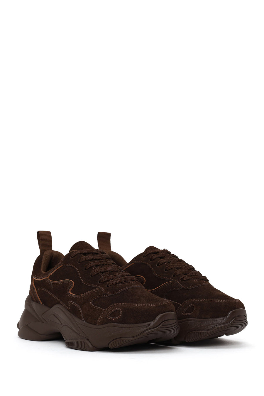 Woman Brown Lace-Up Thick-Soled Suede Leather Sneaker