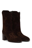 Woman Brown Thick-Heeled Patterned Suede Cowboy Boots | Derimod