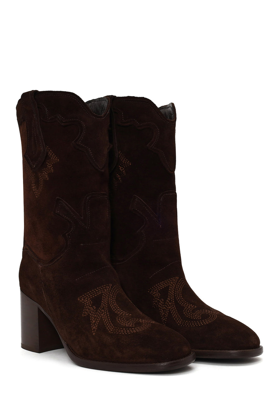 Woman Brown Thick-Heeled Patterned Suede Cowboy Boots