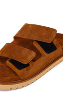 Women's Tan Double Buckle Suede Leather Slippers | Derimod