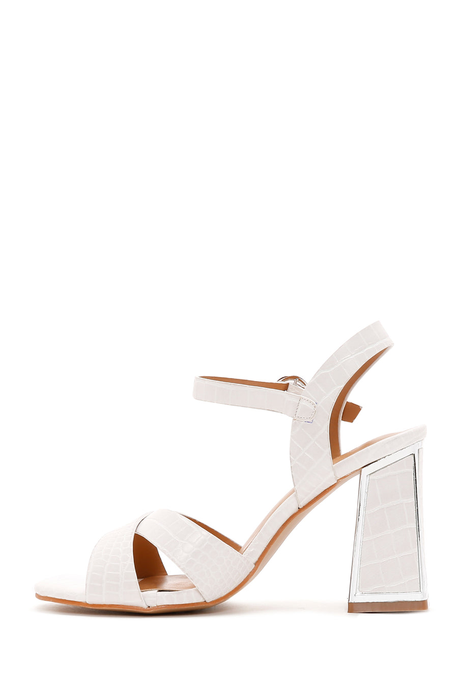 Women's White Ankle Strap Thick Heel Crocodile Sandals