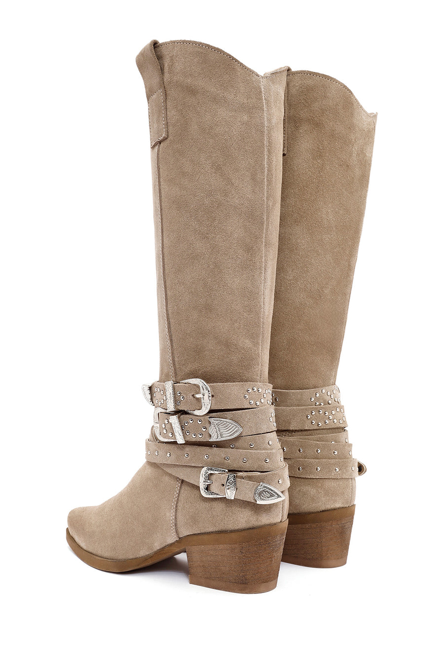 Women's Beige Thick Heel Buckle Detailed Suede Leather Cowboy Boots