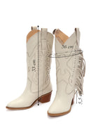 Women's Cream Thick Heeled Leather Cowboy Boots | Derimod