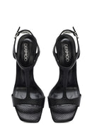 Women's Black Ankle Strap Patterned Leather Thin High Heel Sandals | Derimod