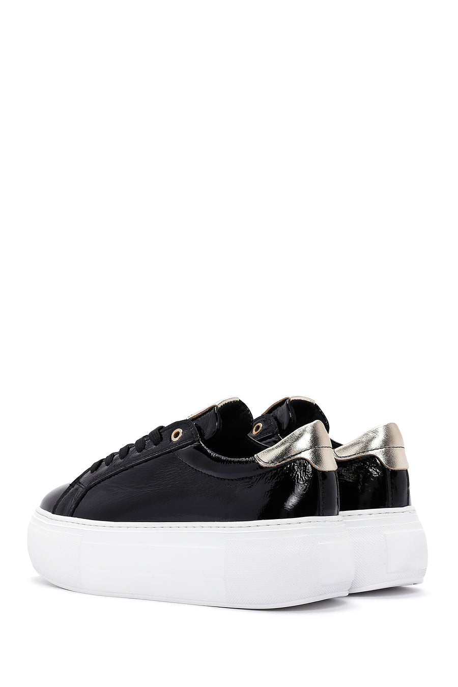 Women's Black Thick Soled Patent Leather Sneaker