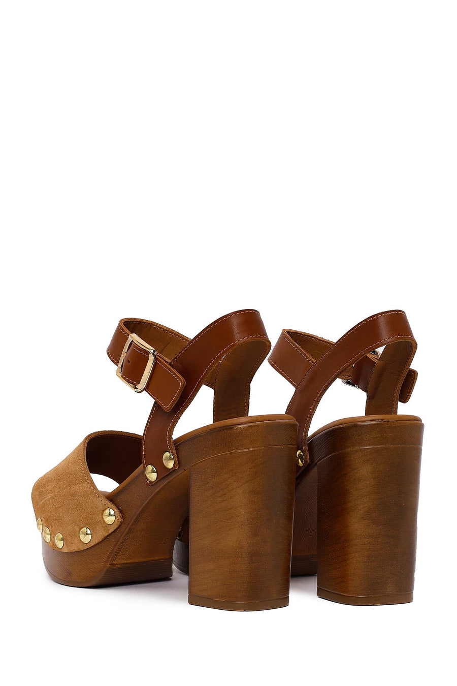 Woman Tan Ankle-Buckle Platform High Thick-Heeled Suede Sandal