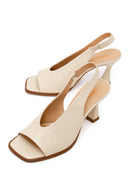 Woman Cream Thick-Heeled Leather Sandal | Derimod