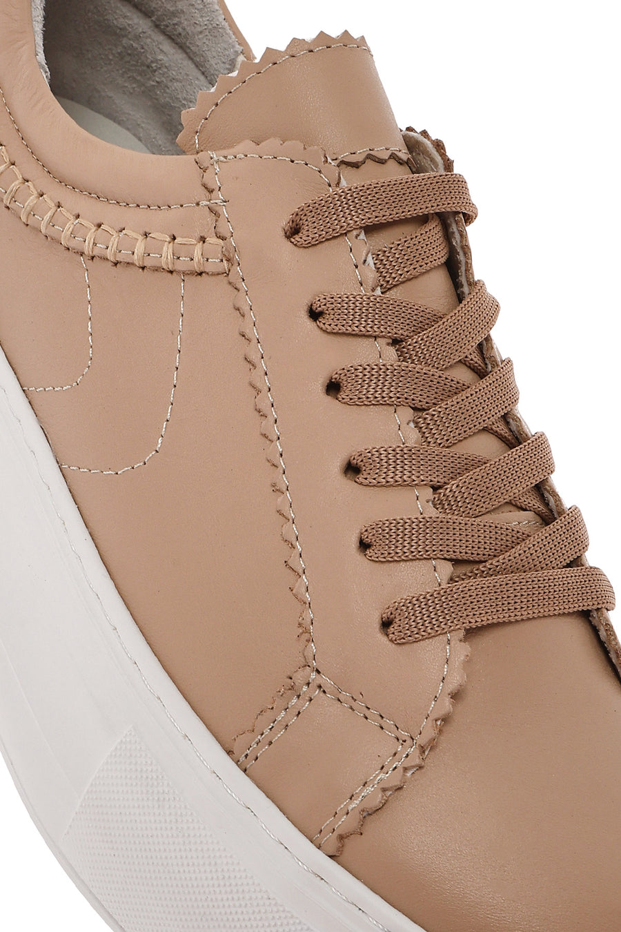 Women's Beige Lace-up Thick-Sole Leather Sneaker