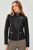 Giselle Women's Black Slim-Fit Biker Leather Jacket | Derimod
