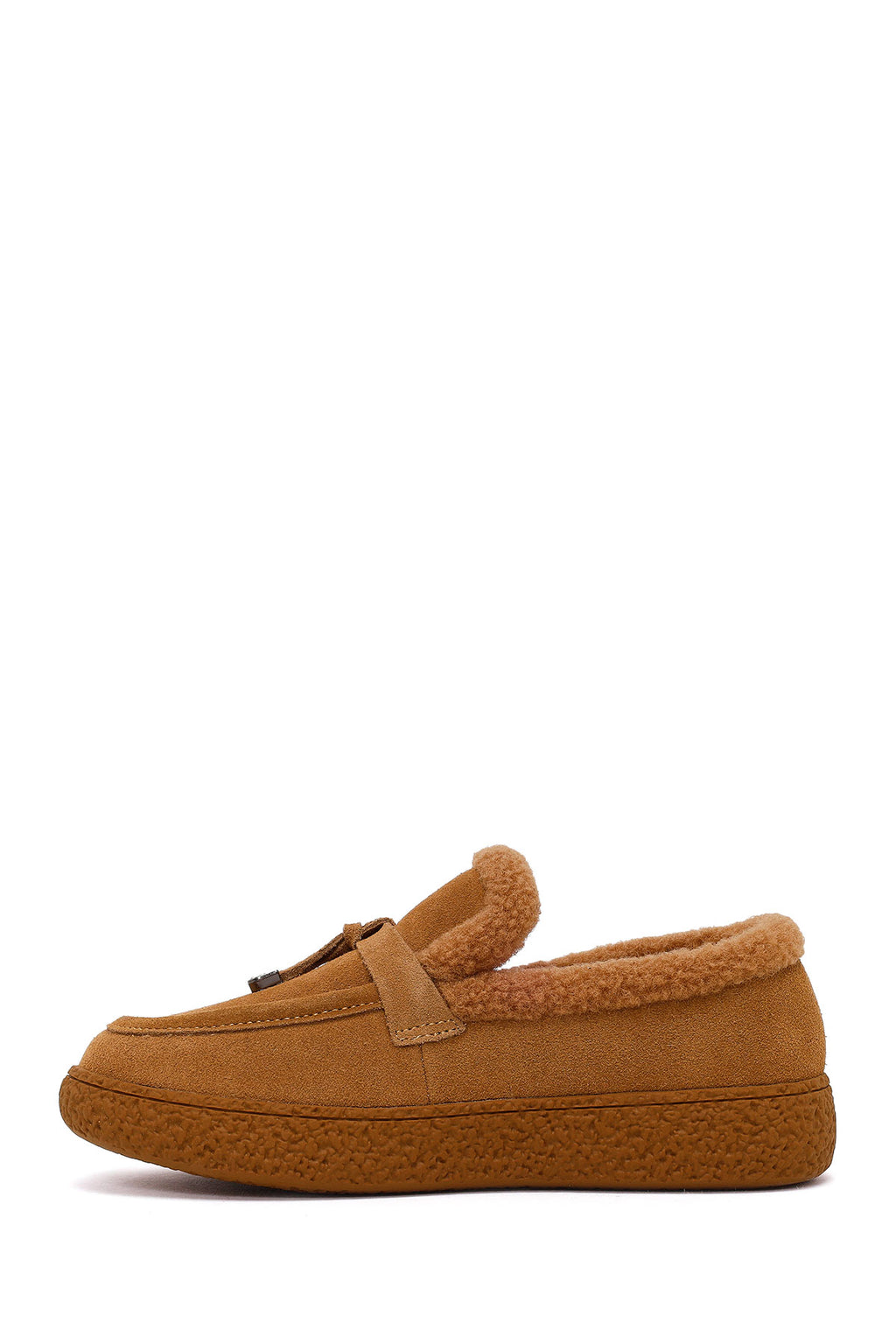 Kadın Camel Tokalı Kalın Tabanlı Süet Deri Teddy Loafer