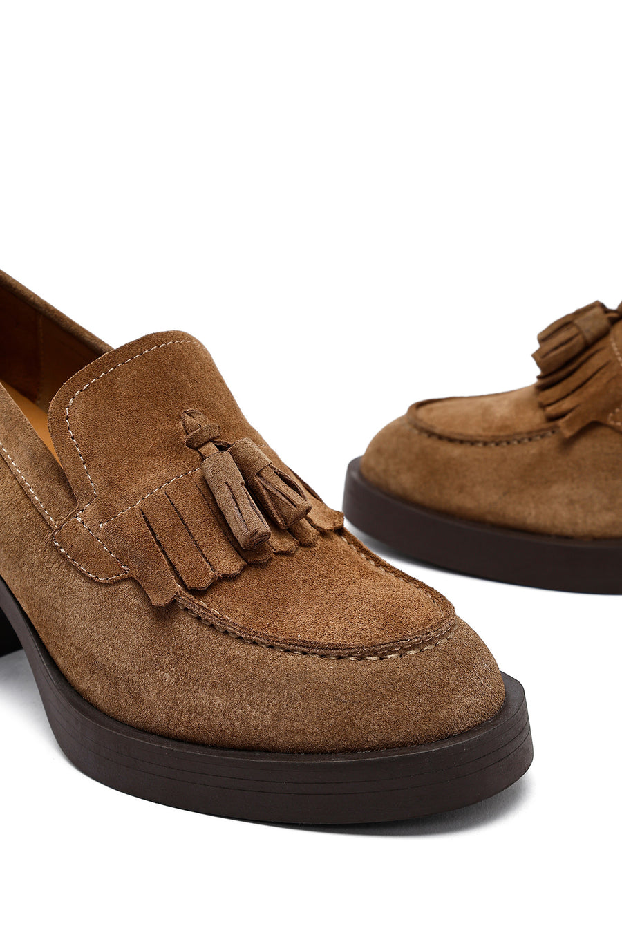 Kadın Taba Kalın Topuklu Süet Deri Maskülen Loafer