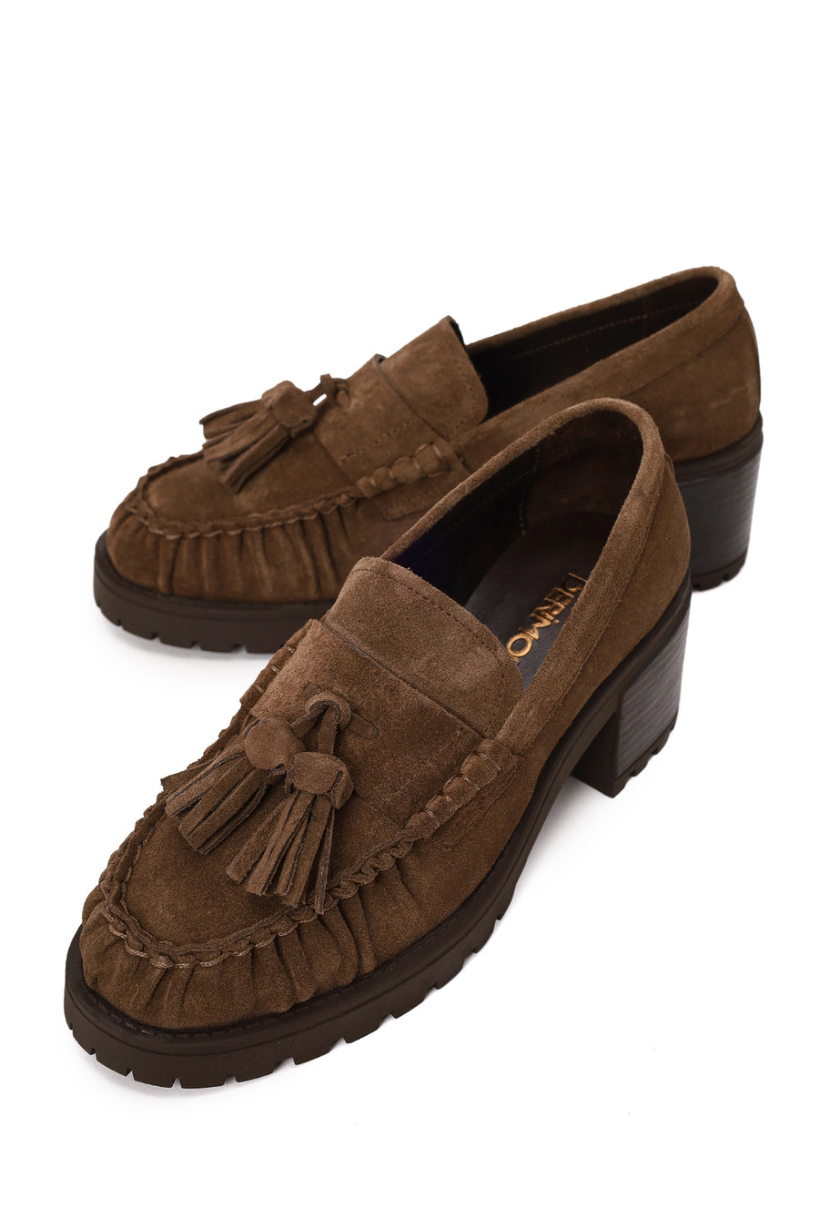 Woman Walnut Tassel Chunky Heeled Suede Loafer