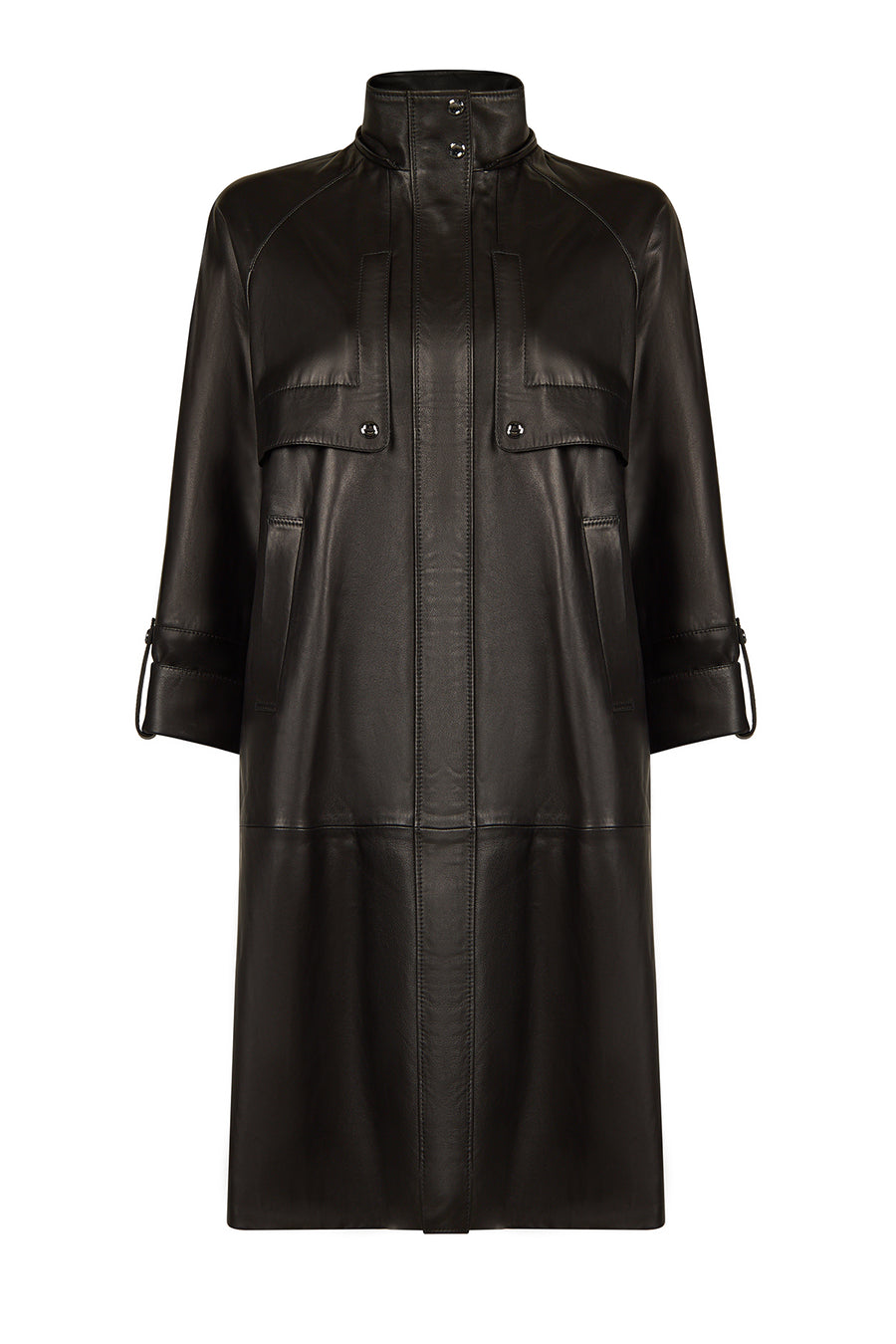 Adele Woman Black A-Line Hooded Fur Collar Leather Overcoat