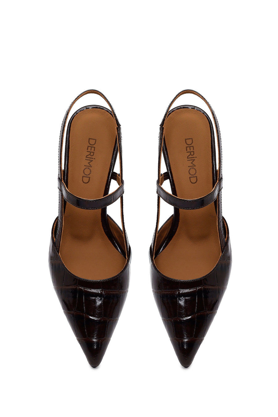 Woman Brown Open-Back Thin-Heeled Croc-Embossed Leather Shoes