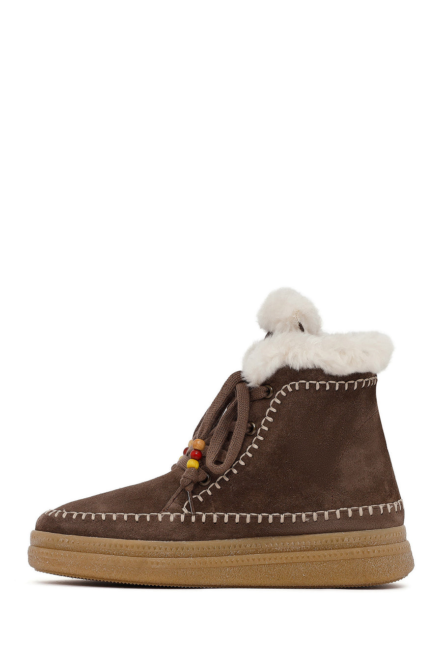 Woman Brown Laced Thick Sole Suede Leather Teddy Bot