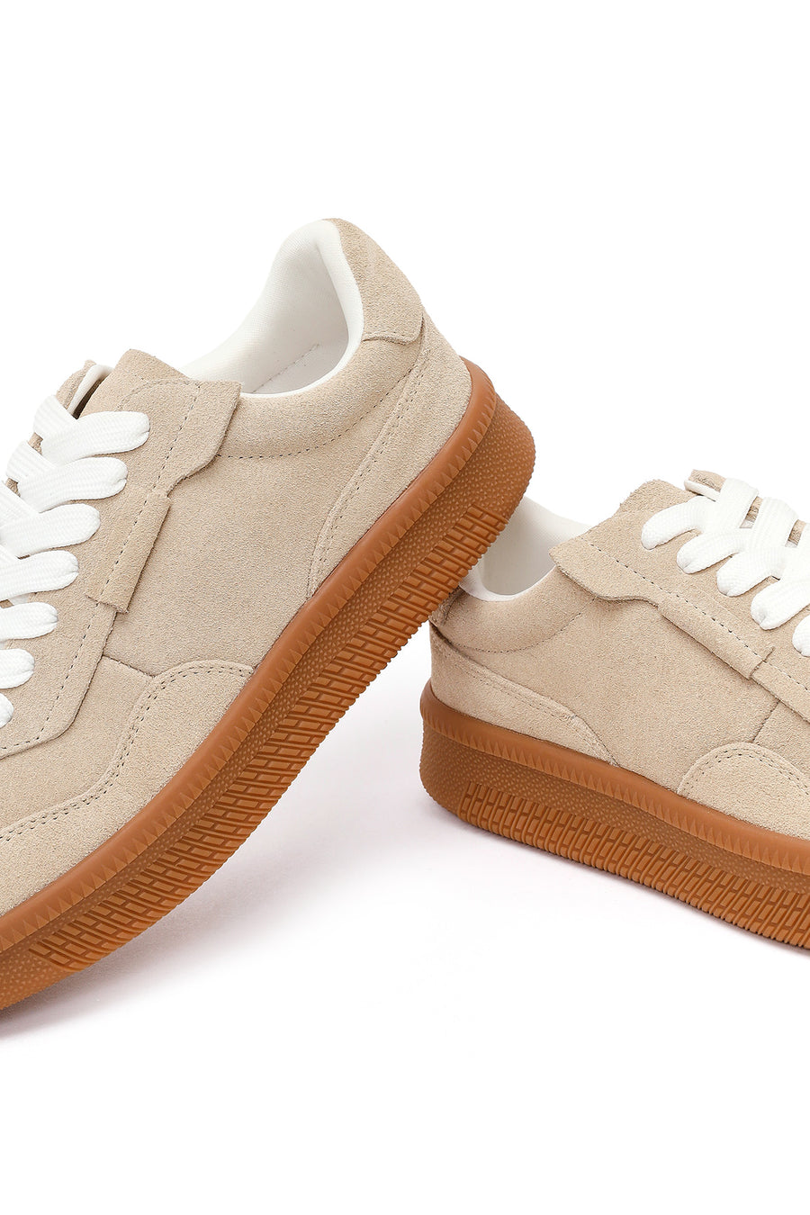 Woman Beige Lace-Up Suede Leather Sneaker