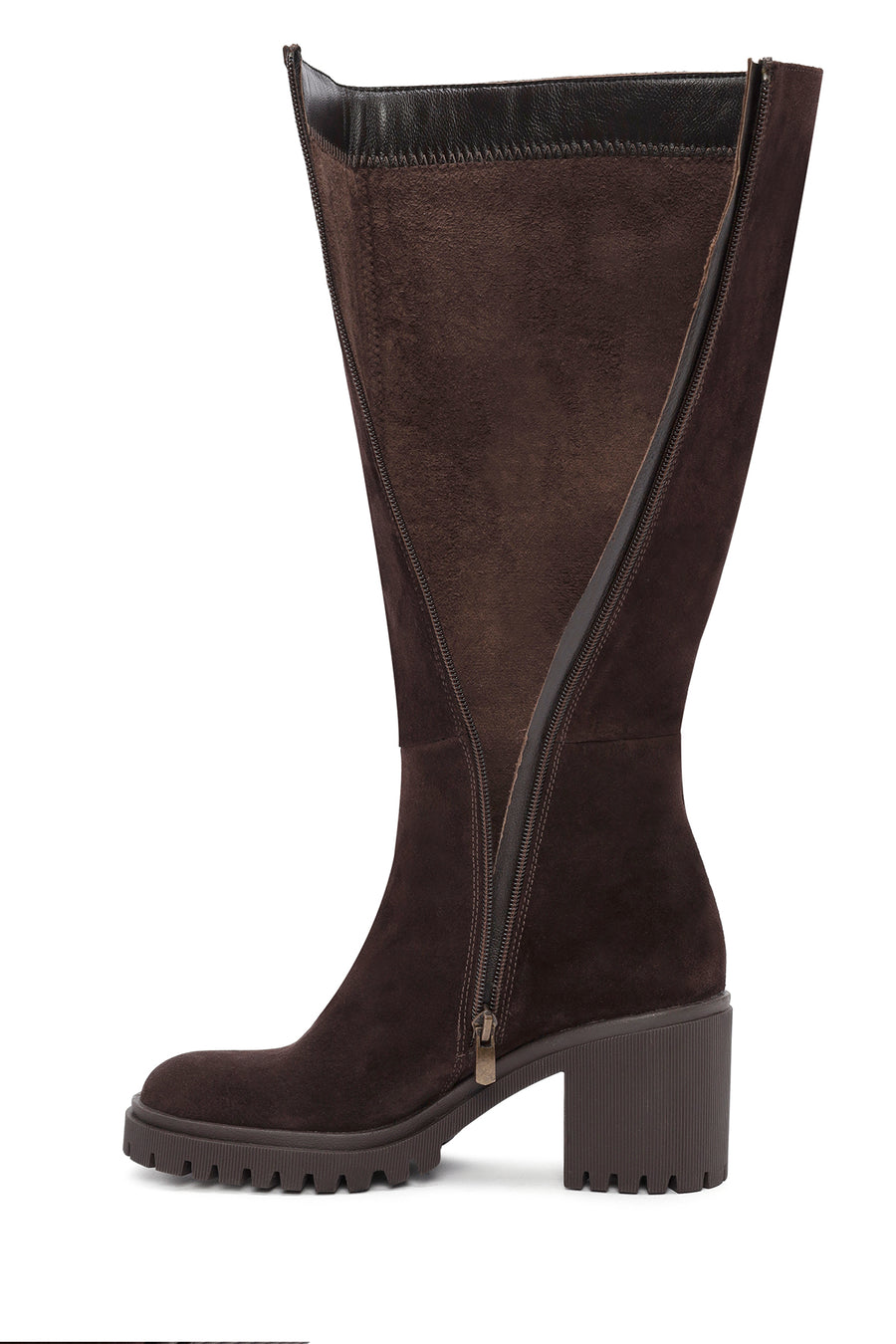Women's Brown Zippered Chunky Heel Suede Leather Boots