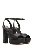 Women's Black Ankle Buckle Platform High Thick Heel Leather Sandals | Derimod