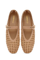 Women's Beige Buckled Straw Leather Ballerinas | Derimod