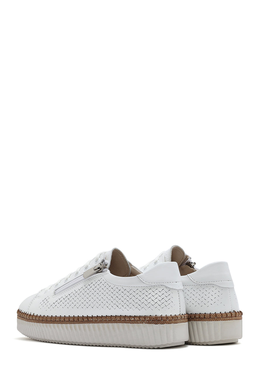 Women's White Lace-up Thick-Sole Leather Sneaker