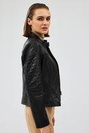 Tania Women's Black Short Leather Jacket | Derimod