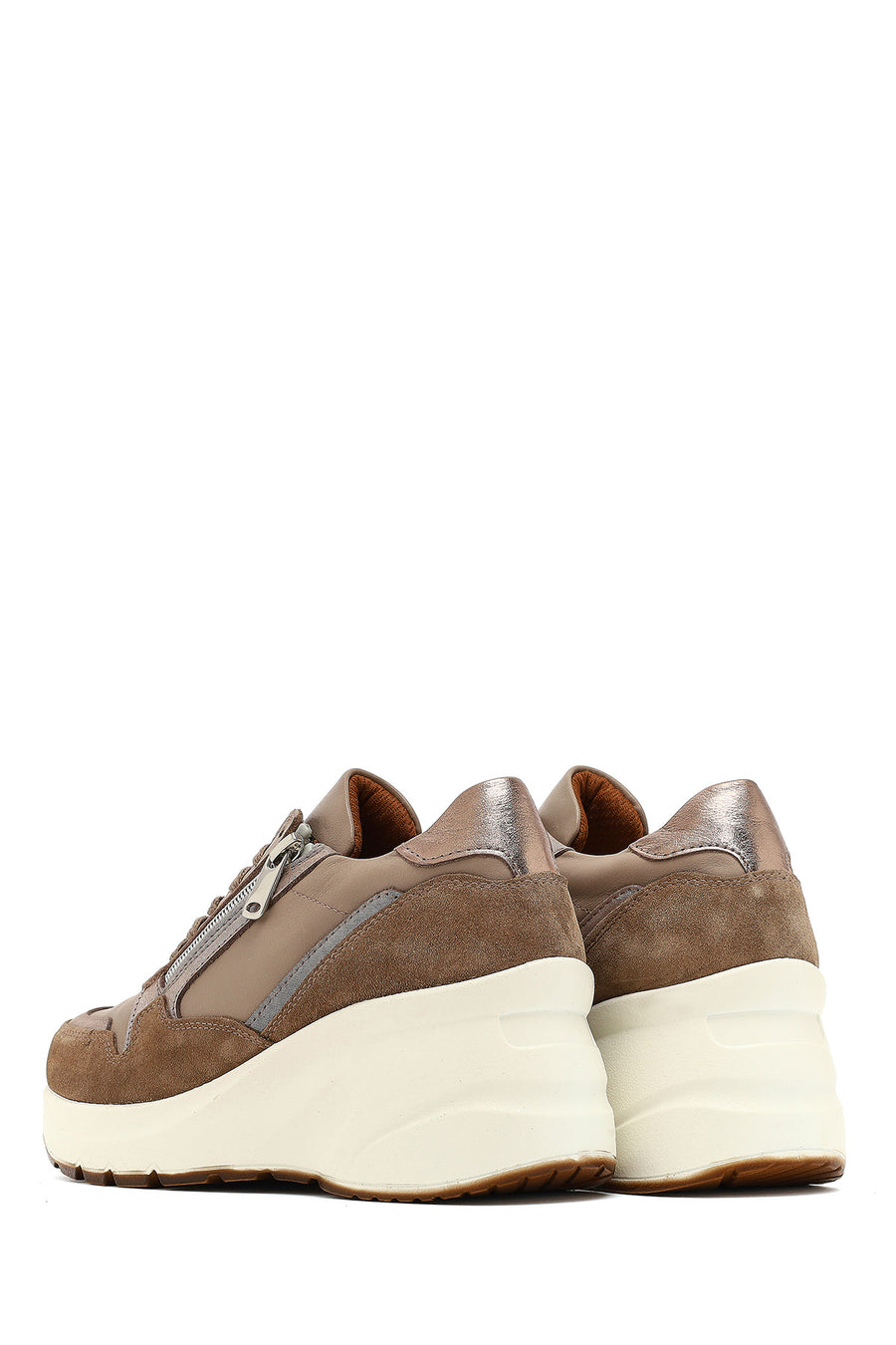 Women's Mink Lace-Up Zipper Detailed Wedge Heel Leather Sneaker