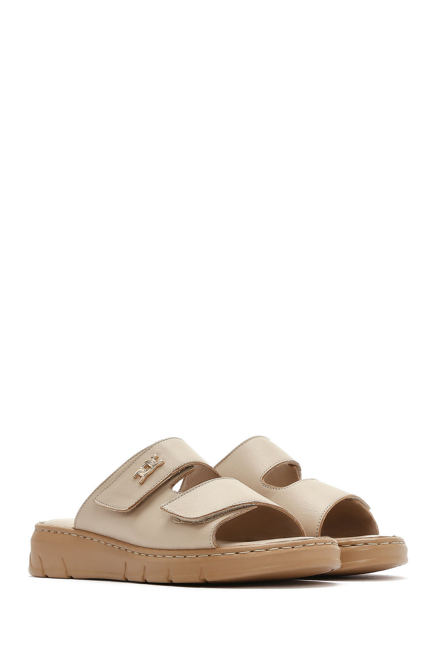 Women's Beige Double-Strap Leather Comfort Slippers