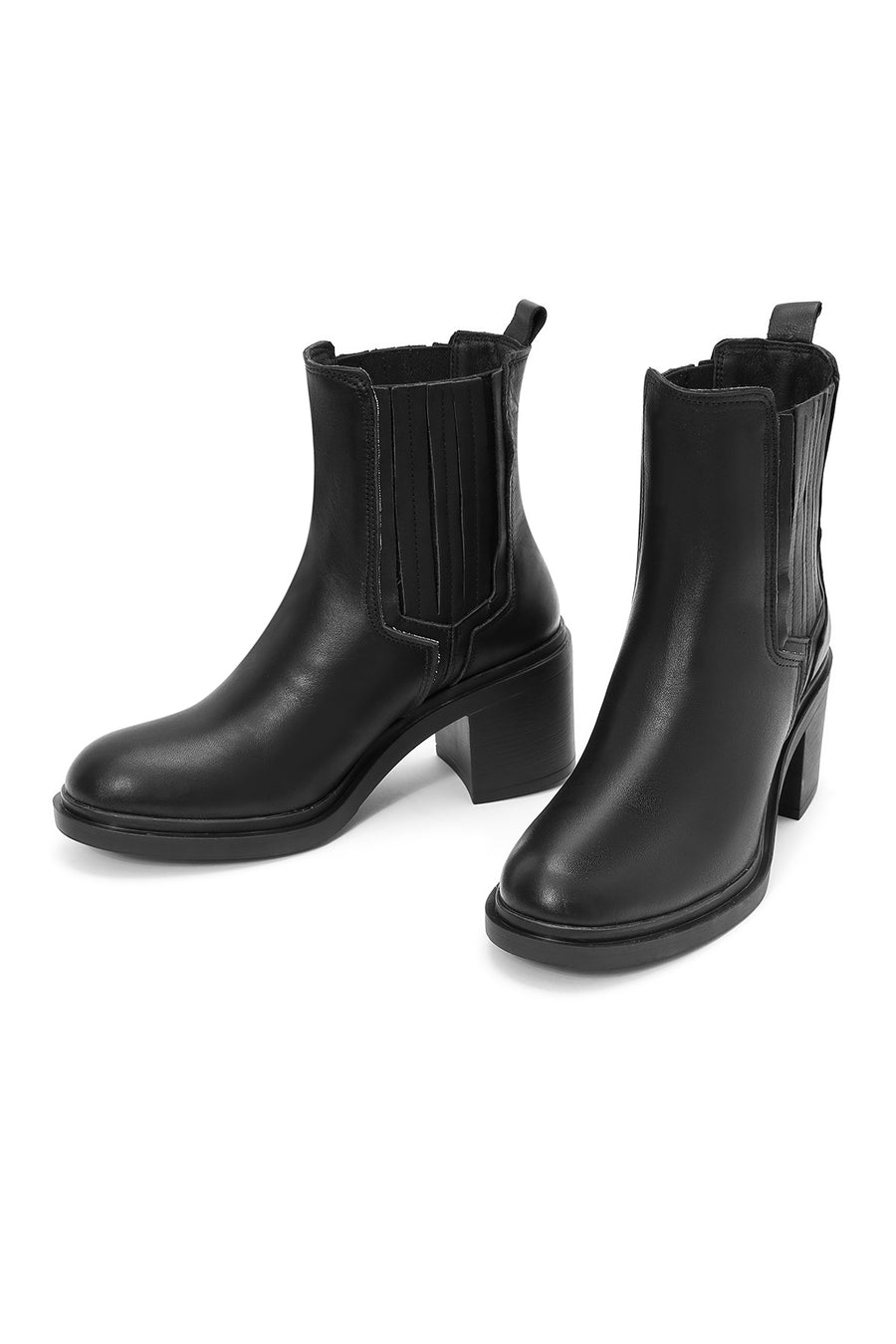 Women's Black Thick Heeled Leather Chelsea Boots