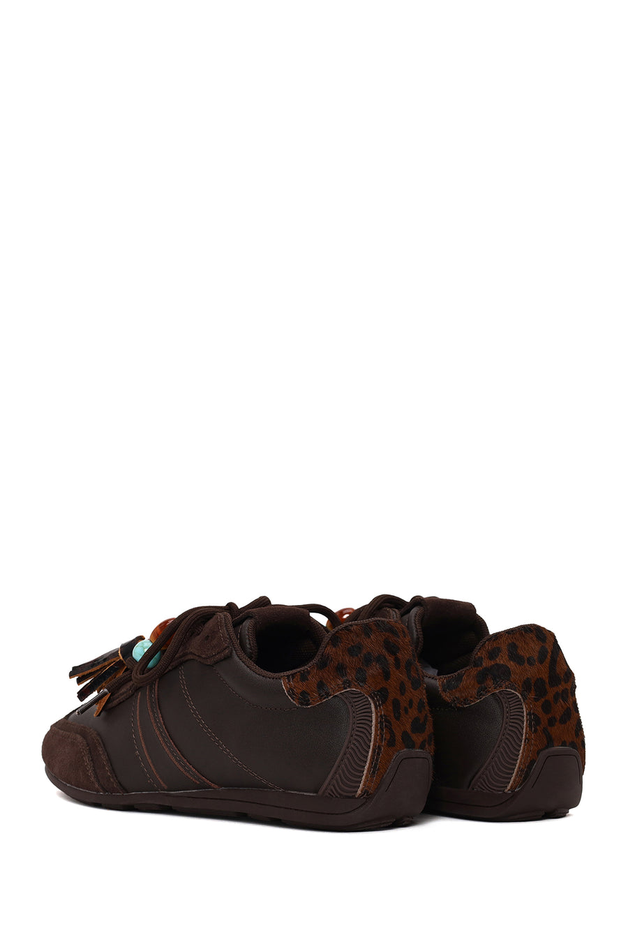 Kadın Kahverengi Bağcıklı Charmlı Leopar Deri Sneaker