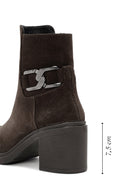 Women's Brown Heeled Zippered Suede Leather Boots | Derimod