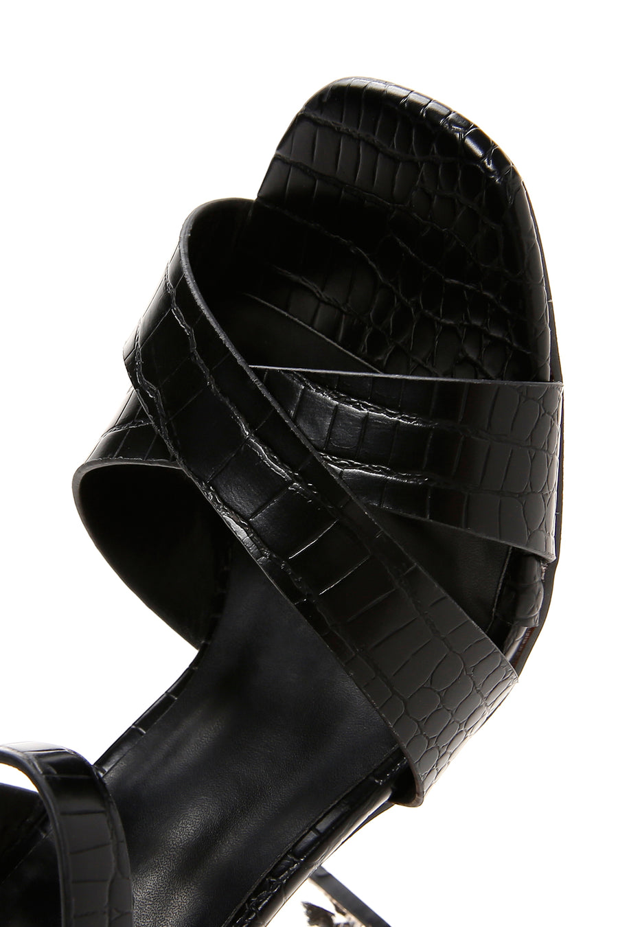 Women's Black Ankle Strap Thick Heel Crocodile Sandals