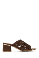 Women's Brown Knitted Short Chunky Heeled Slippers | Derimod