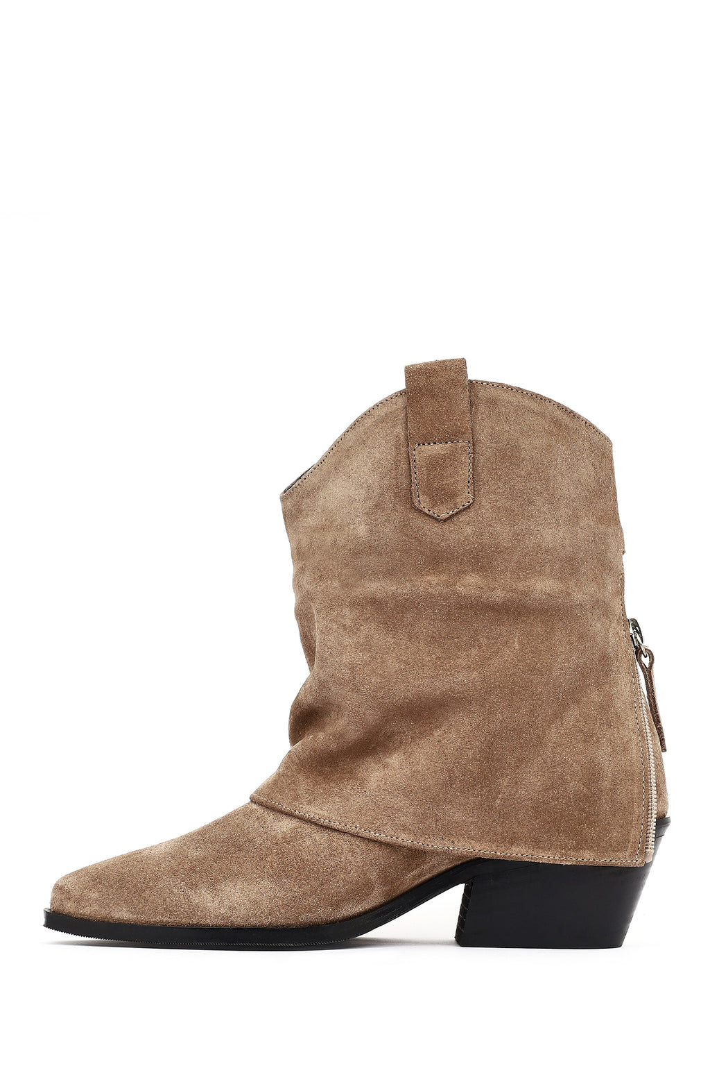 Kadın Bej Kısa Kalın Topuklu Süet Deri Kovboy Bot
