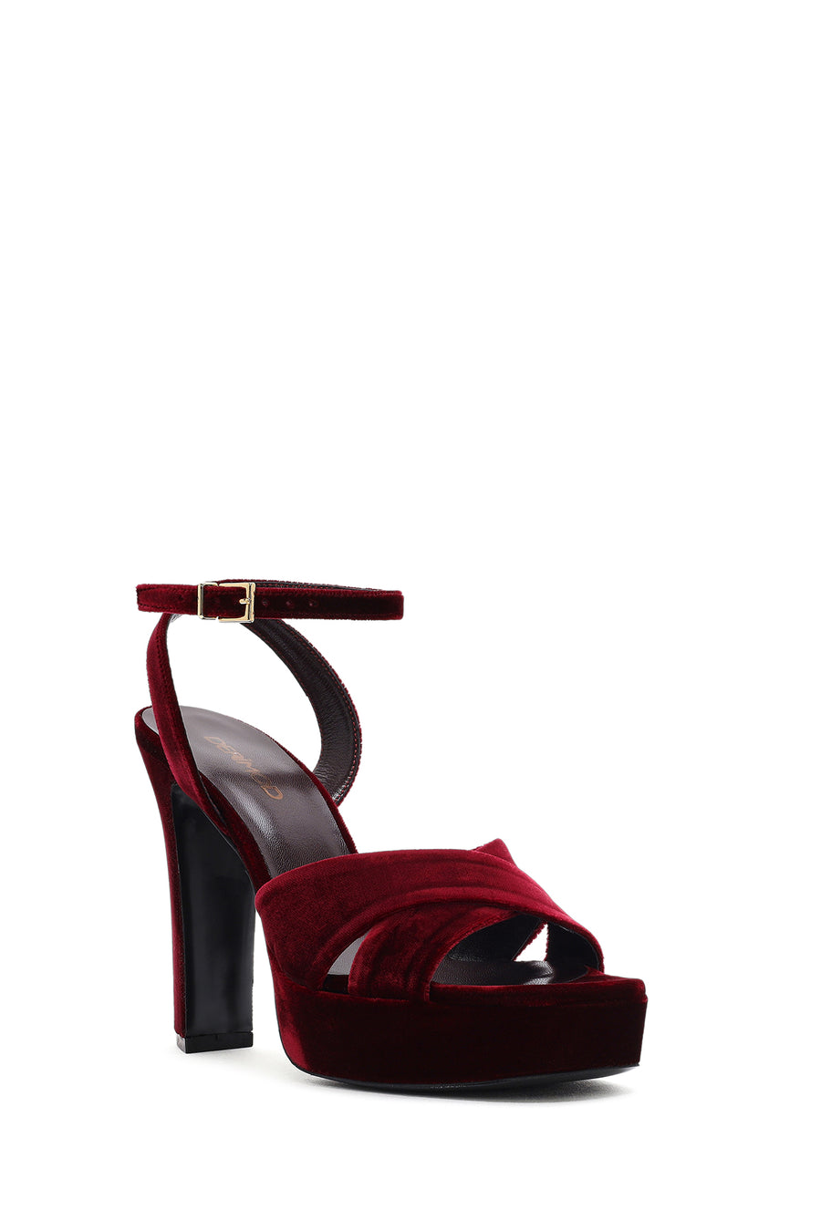 Women's Burgundy Ankle Buckle Platform High Thick Heel Velvet Sandals