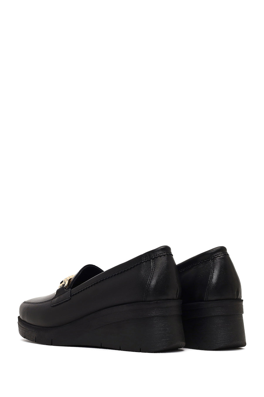 Woman Black Buckled Wedge Leather Comfort Loafer