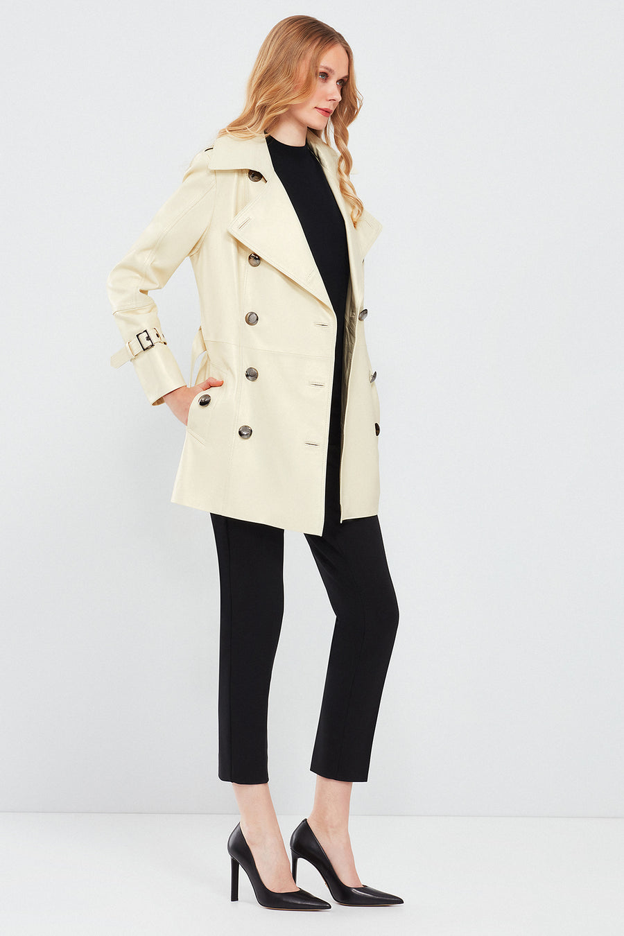 Barbara Women's Beige Double Breasted Collar Regular Leather Trench Coat