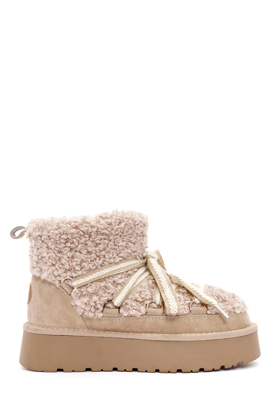 Women's Beige Thick-Soled Fur-Lined Leather Boots