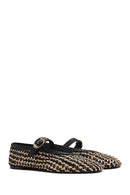Women's Black Buckled Straw Leather Ballerinas | Derimod