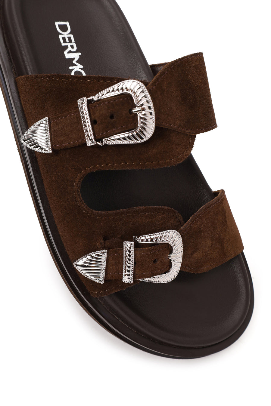 Woman Brown Double-Buckle Suede Slipper