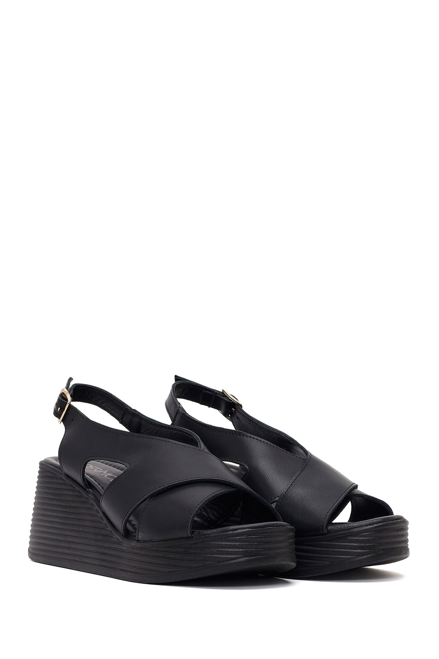 Women's Black Ankle Buckle Platform Leather Sandals