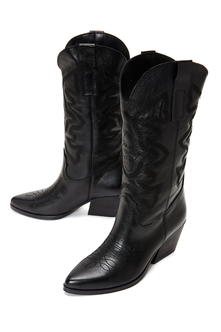 Women's Black Leather Heeled Cowboy Boots