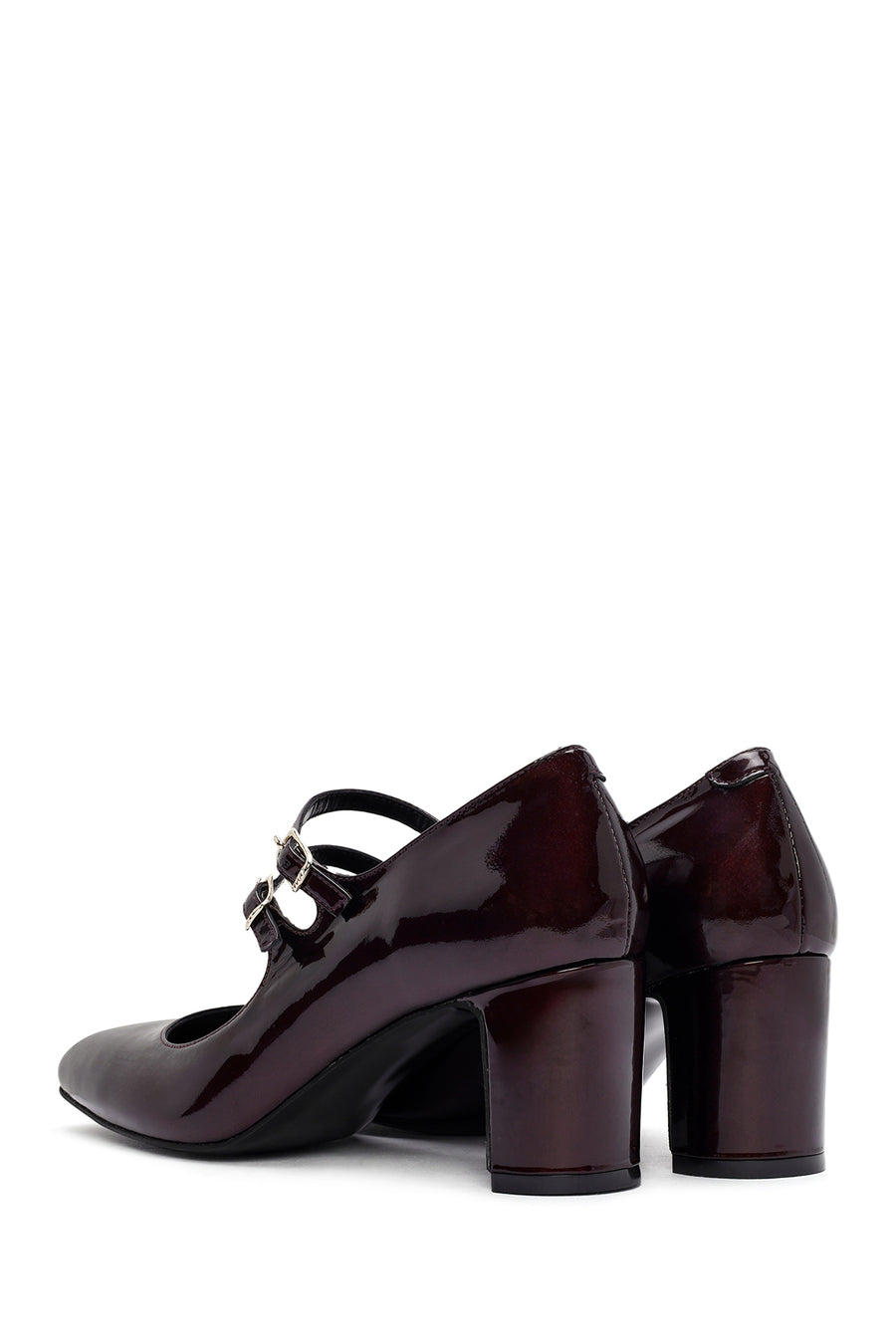 Women's Burgundy Double Buckled Thick Heeled Patent Leather Mary Jane Shoes