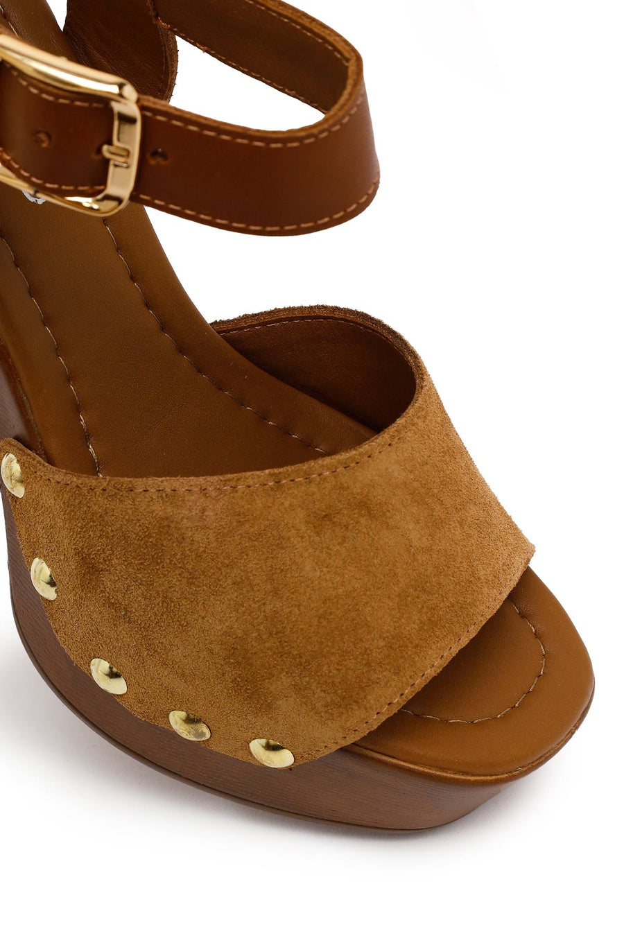 Woman Tan Ankle-Buckle Platform High Thick-Heeled Suede Sandal