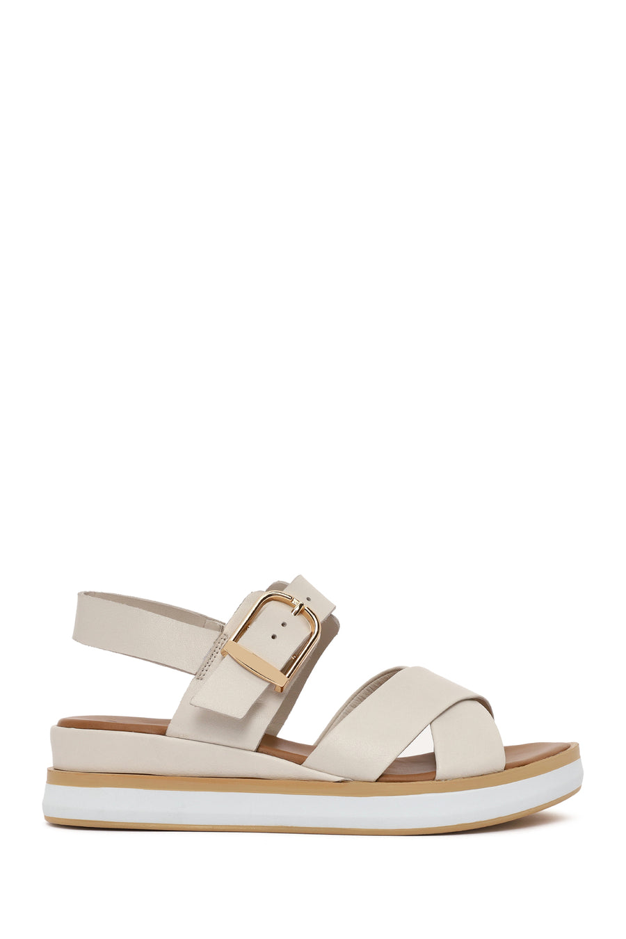Women's Cream Ankle Buckle Thick Soled Leather Sandals 26SFD550418 | Derimod