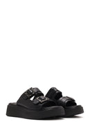 Women's Black Double Buckle Thick-Soled Leather Comfort Slippers | Derimod