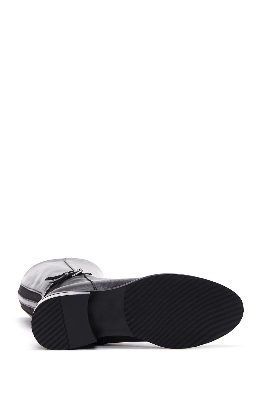 Woman Black Zippered Buckle Detail Leather Boot