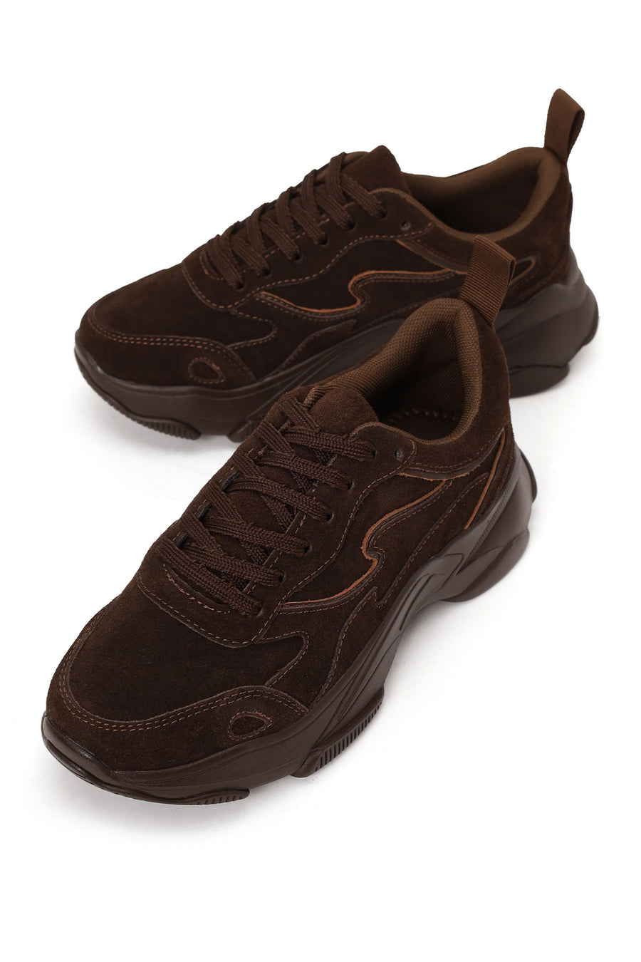 Woman Brown Lace-Up Thick-Soled Suede Leather Sneaker