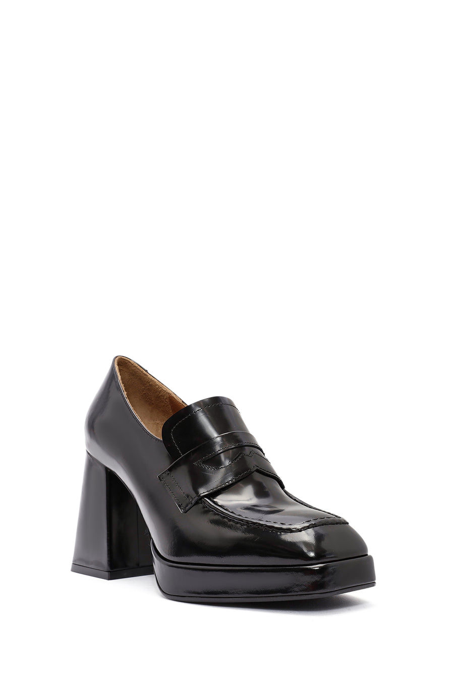 Woman Black Chunky Heels Leather Loafer